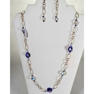 Purple dyed paua shell,Vtge crystal Aurora beads 25-30.5" E 2.50"earrings 2.50"